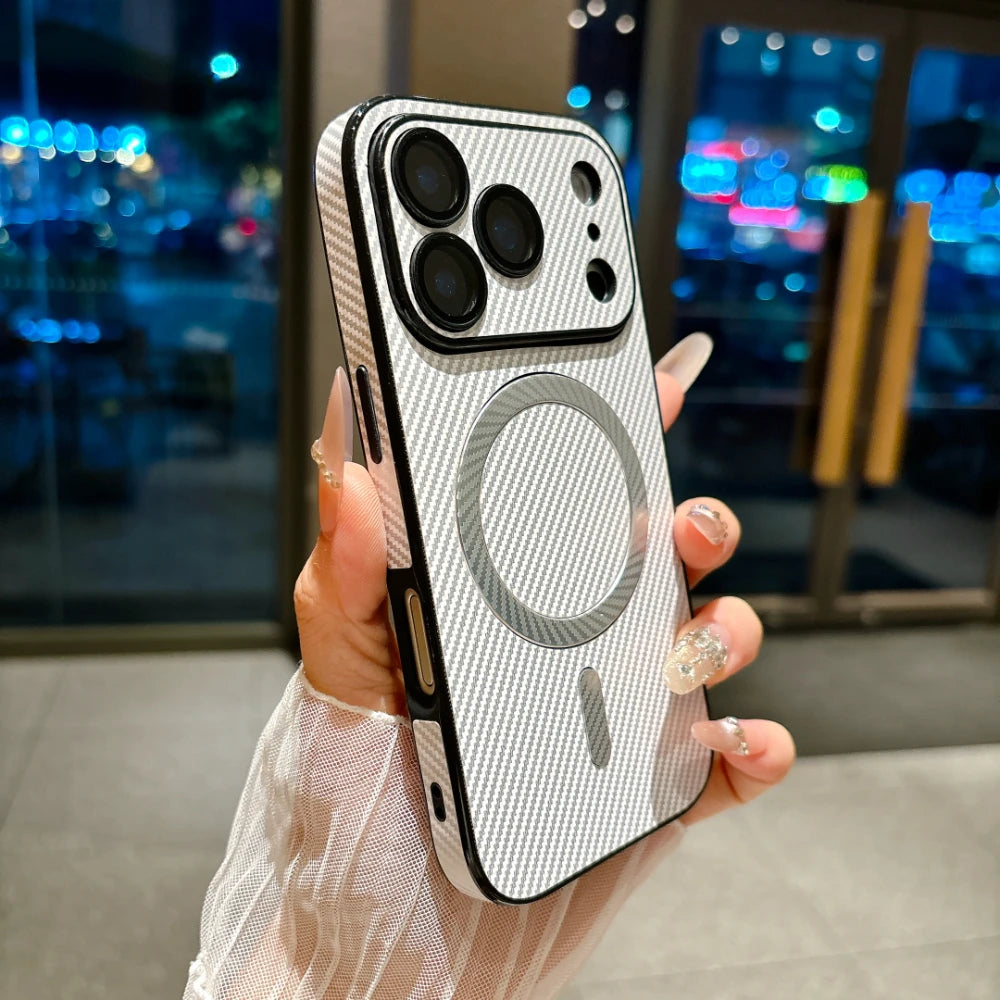 Luxury Magnetic Matte Carbon Fiber  Leather Phone Case for IPhone 17 16 15 14 13 Pro Max for Magsafe Protective  Cases Cover