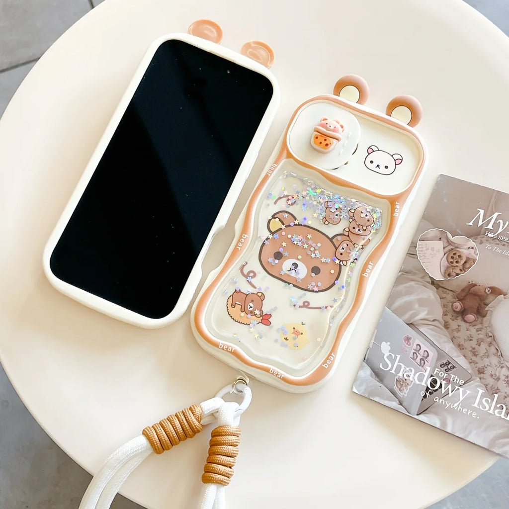 INS Japan Cartoon quicksand Bear Couple Family Phone Case For iPhone 17 16 15 14 13 12 11 Pro Max XR XS Plus Anti Fall Cover