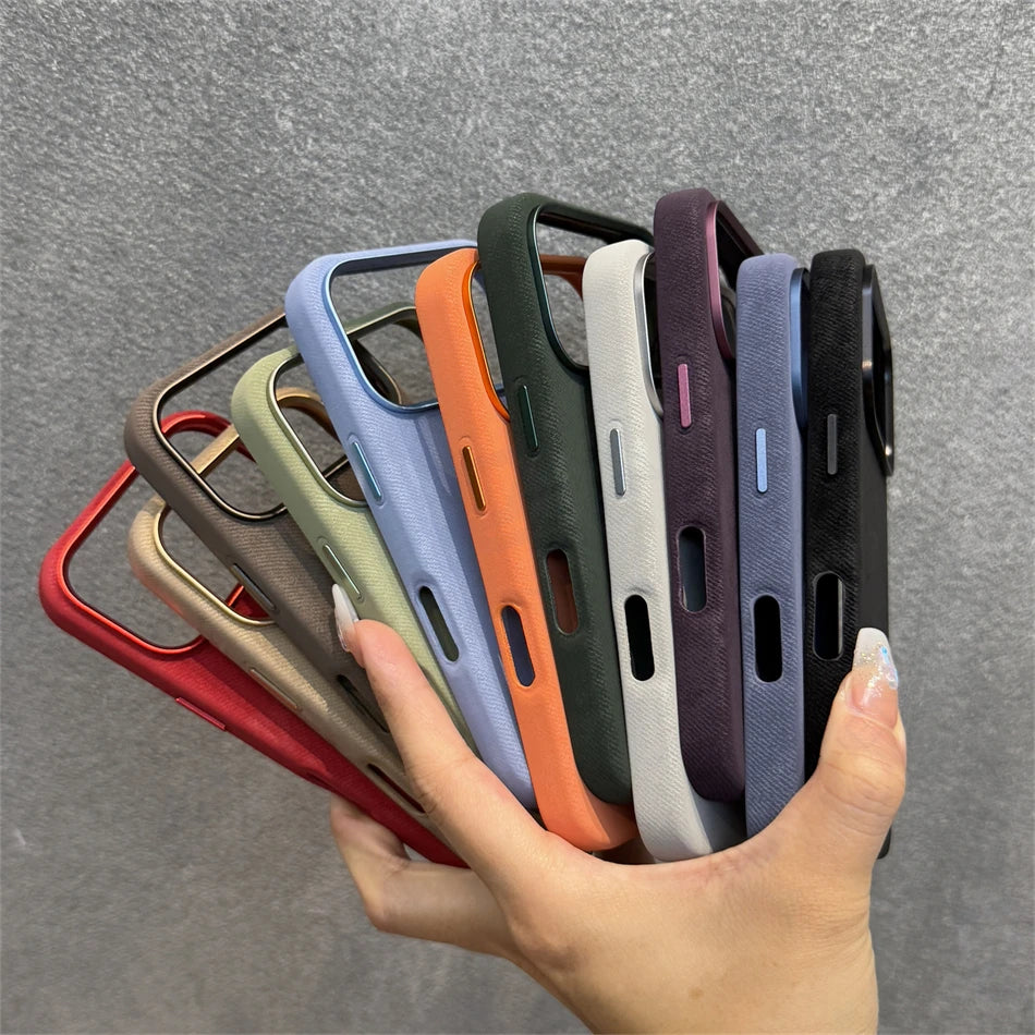 Luxury Alloy Len Frame Fiber Leather Magnetic Case For iPhone 17 16 Pro Max 15 14 13 12 For Magsafe Retro Shockproof Cover Funda