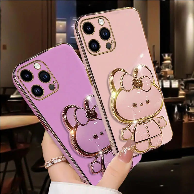 Diamond Strap Mirror Rabbit Phone Holder On Case For iPhone 15 14 13 12 11 Xs Pro Max Mini X XR Apple 6 6s 7 8 Plus Stand Cover