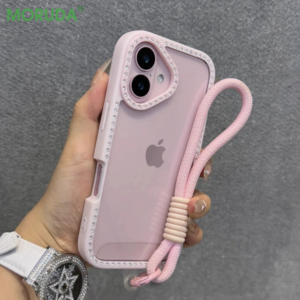 Bling Diamond Transparent Case For iPhone 16 ProMax 14 15 Plus 11 12 13 ProMax 16 Pro Wristband Lanyard Girl's Gift Shiny Cover