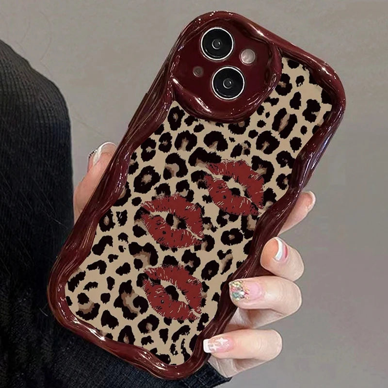 Cute Luxury Leopard Print Novelty Case For iPhone 17 16 15 14 13 12 11 Pro Max Plus 16e 17e Lip Painted Cartoon Wavy Soft Cover