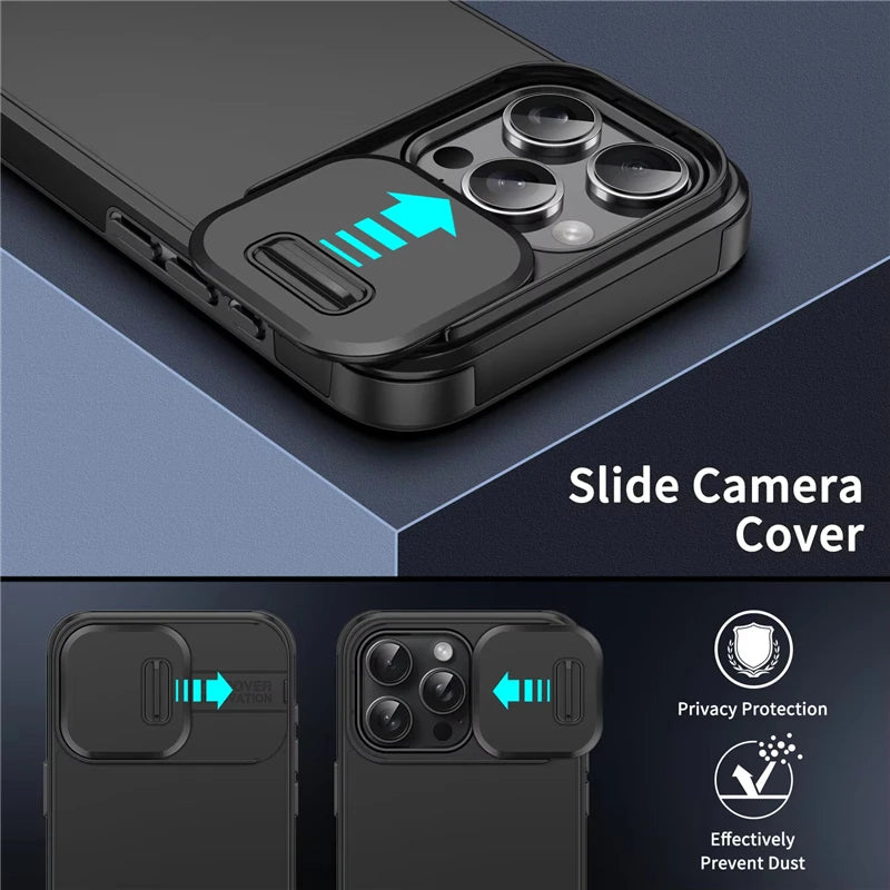 Slide Camera Protection Phone Case For iPhone 17 16 13 15 14 11 12 Pro Max Plus 16e 17 Air Shockproof Armor Matte Cover Fundas