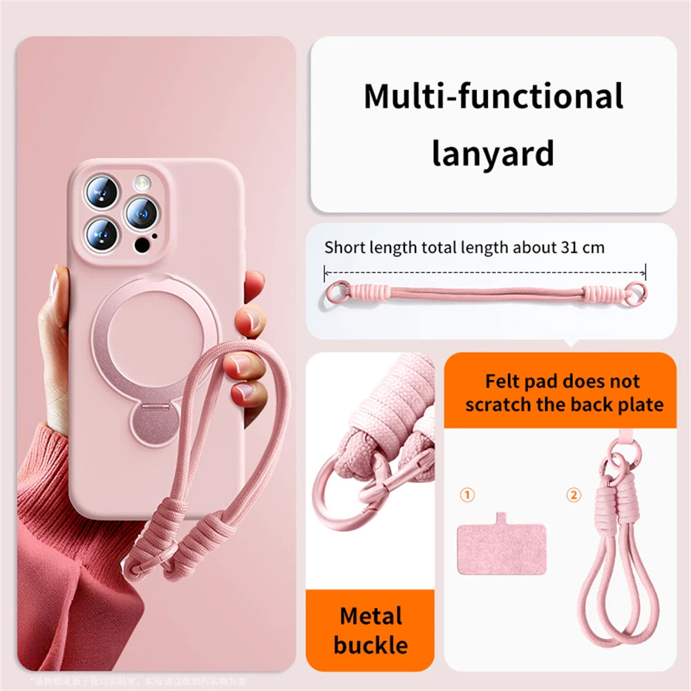 For Magsafe Metal Bracket Liquid Silicone Wrist Strap Phone Cases For iPhone 16 15 14 13 Pro Max Magnetic Wireless Charg Cover
