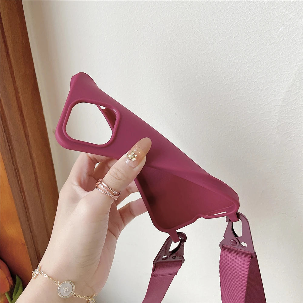 Crossbody Lanyard Matte Silicone Soft Case For iPhone 15 Pro Max 14 13 12 11 XR XS X 7 8 Plus Necklace Strap Shockproof Cover
