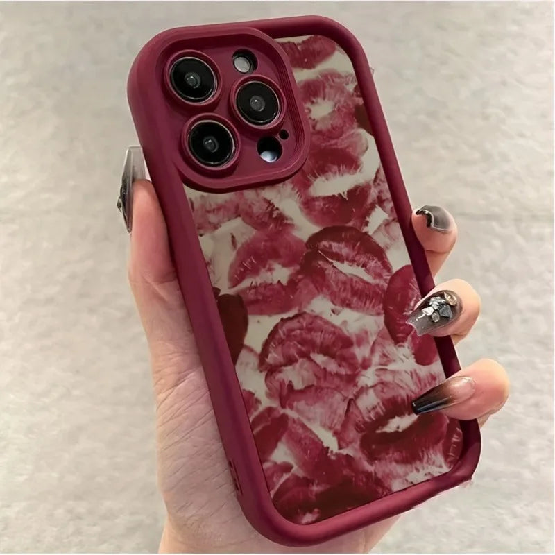 For iPhone 16 16E Cases iPhone 15 Pro Max Valentines Wine Red Lip Print Case For iPhone 17 Air 14 13 12 11 XS XR X 7 8Plus Cover