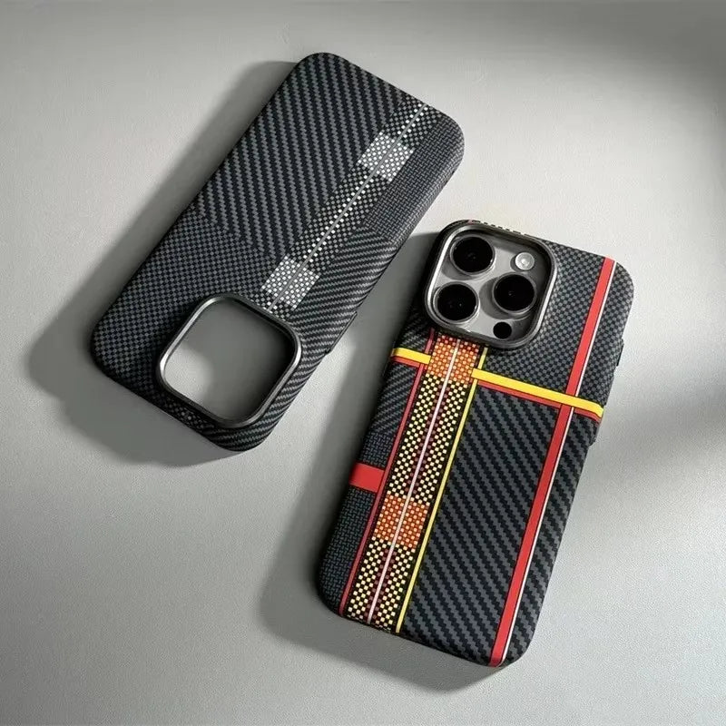 For iPhone 16 Pro 15 14 13 Pro Max Case Carbon Fiber Geometric MagSafe Cover Magnetic Charging Shell Camera Alloy Armor Fundas