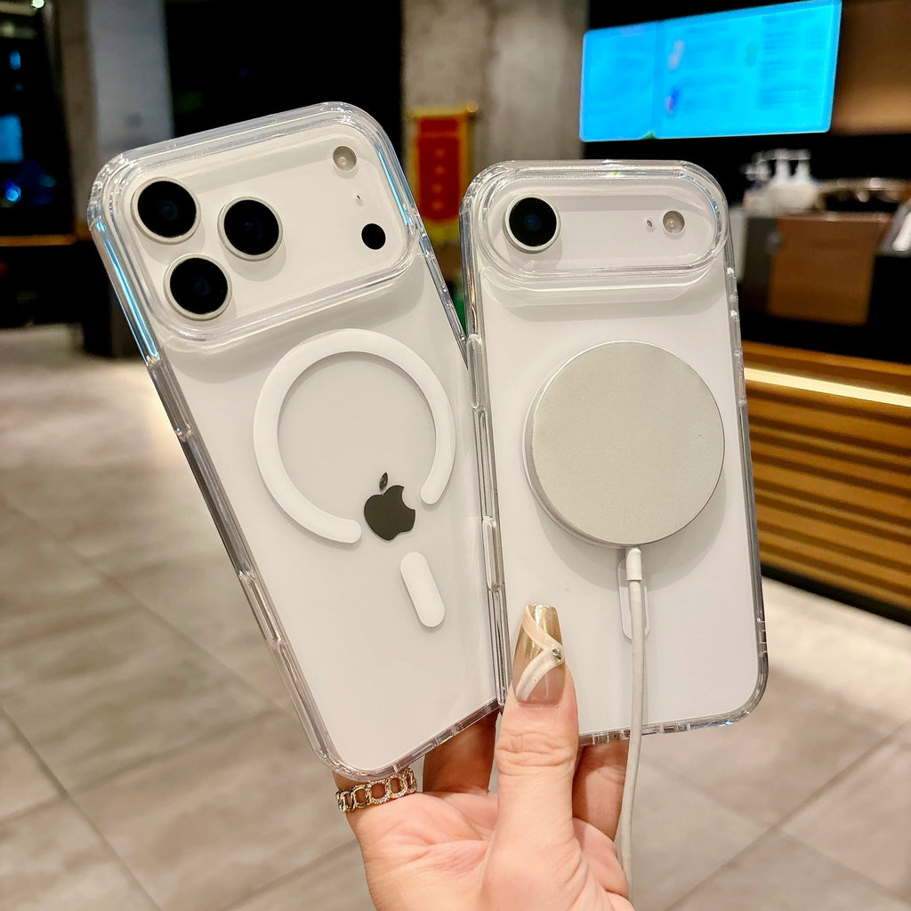 Luxury Clear Magnetic Phone Case for MagSafe for iPhone 17 16 Plus Pro Max Case Wireless Charging Cover With Camera Touch Button