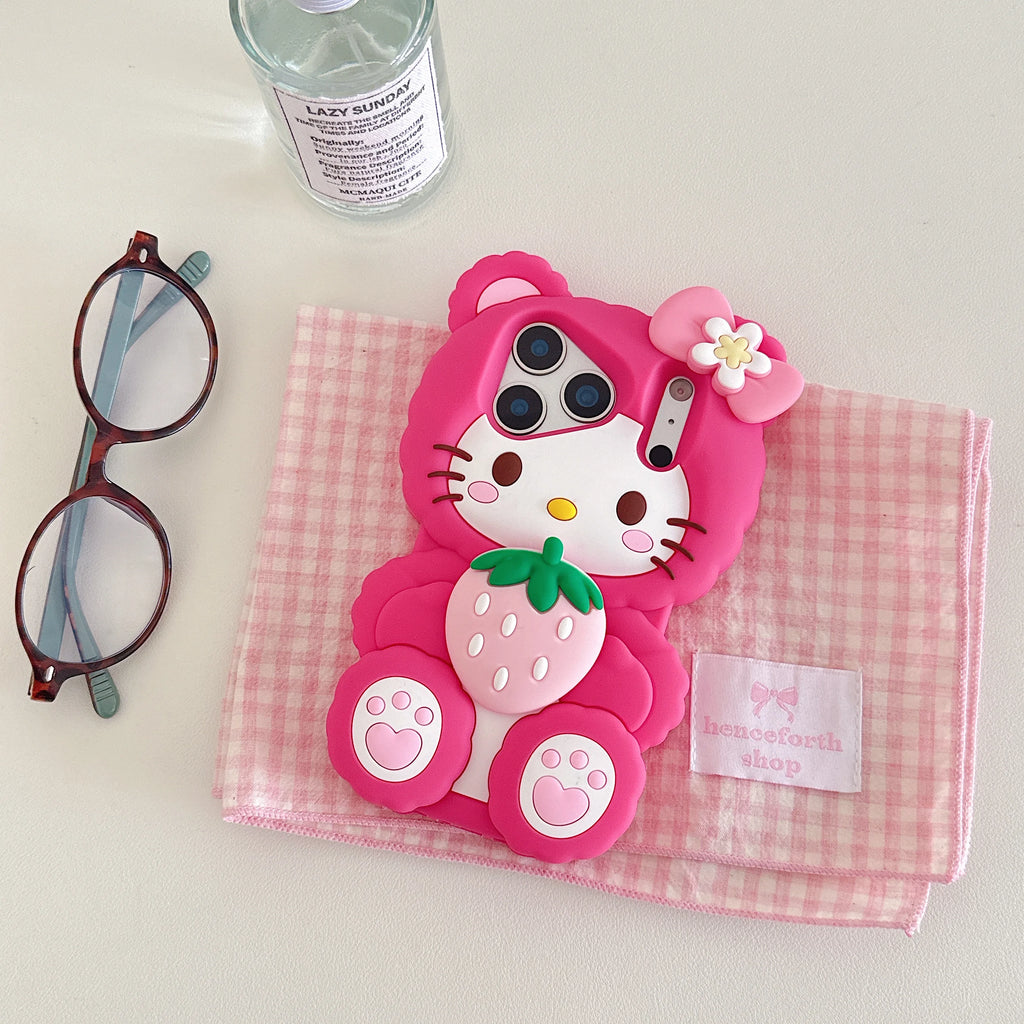 Cute Strawberry For Hello Kitty Phone Case For iPhone 17 16 15 14 13 12 Pro Max Plus Soft Silicone Shockproof Anti Drop Cover