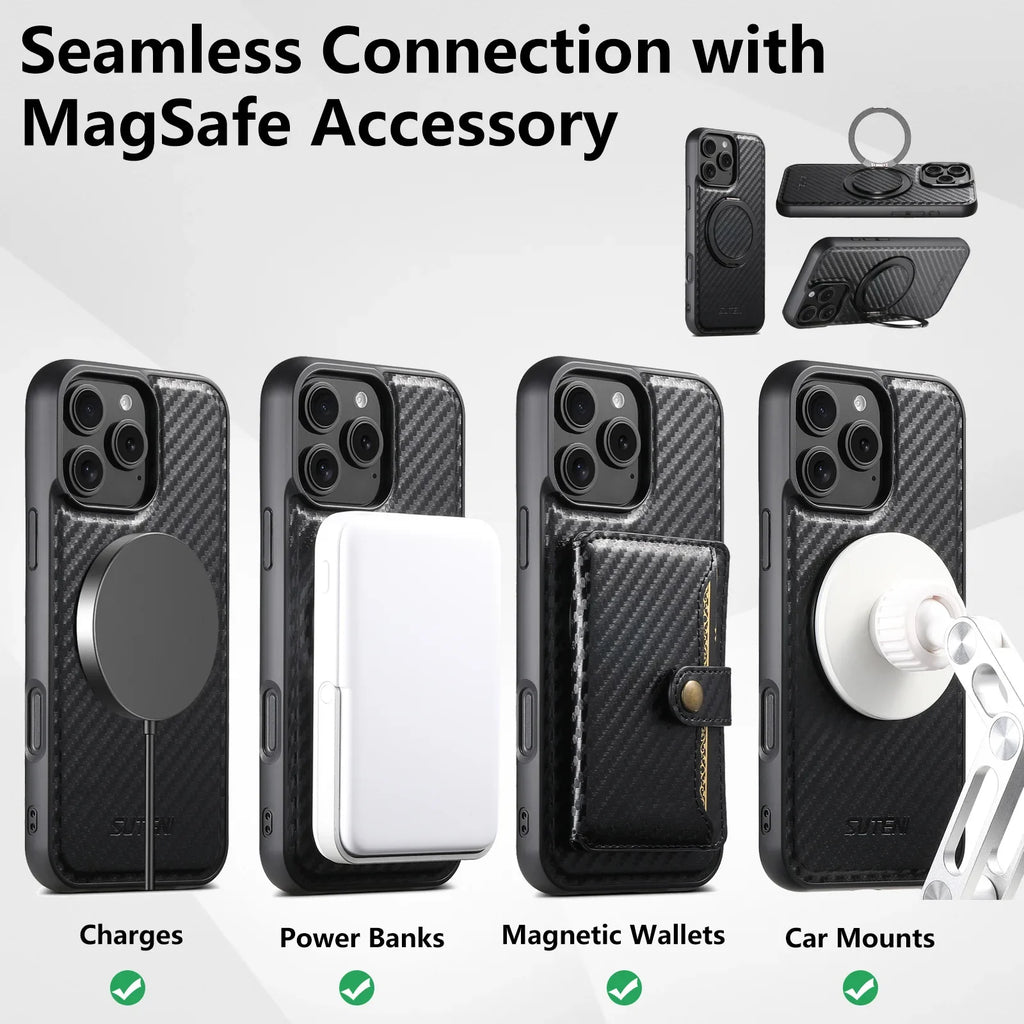Magnetic Charging Bracket Ring Phone Case for iPhone 16 Pro Max 17 Air 15 Plus 14 13 12 Carbon Firber Texture Leather Back Cover