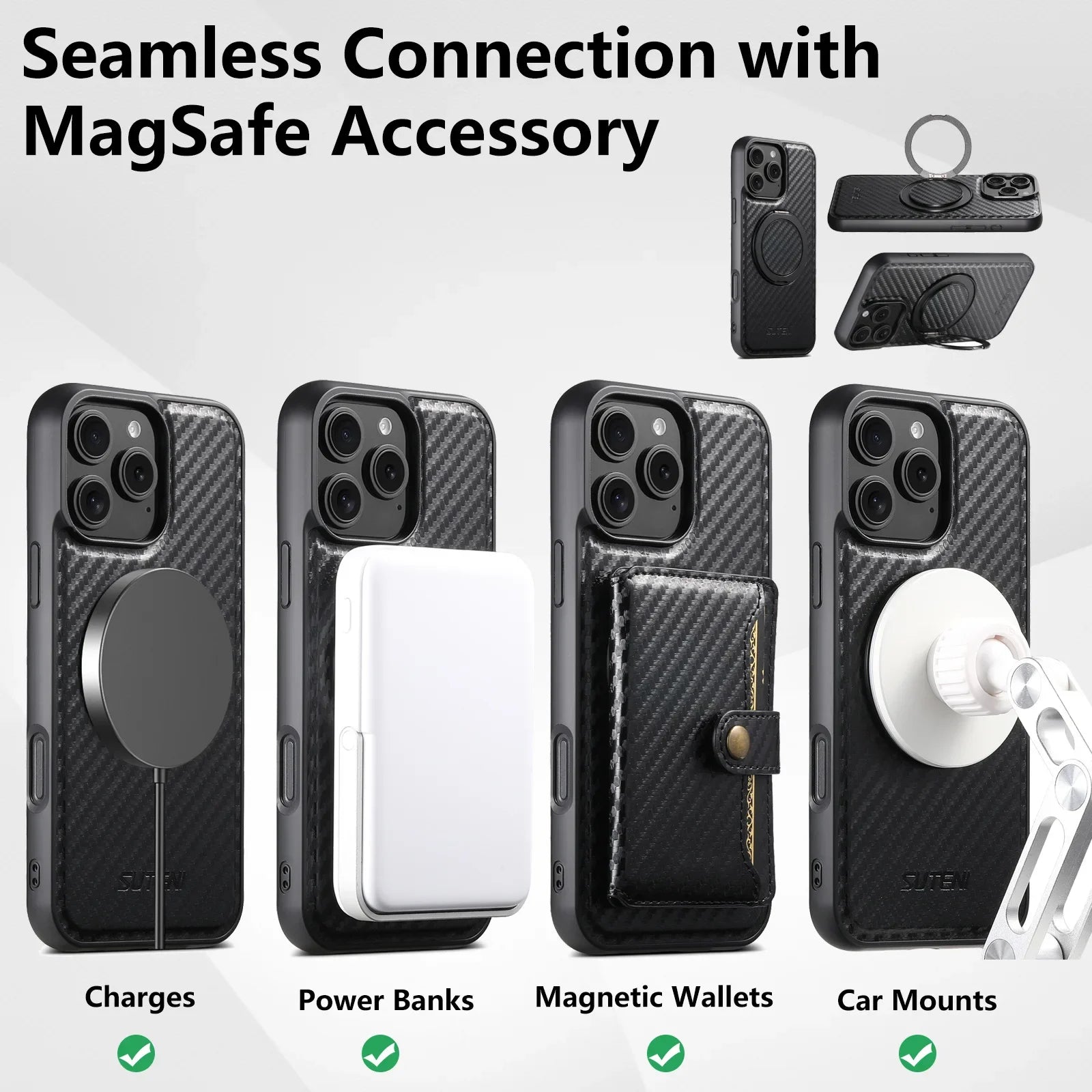 Magnetic Charging Bracket Ring Phone Case for iPhone 16 Pro Max 17 Air 15 Plus 14 13 12 Carbon Firber Texture Leather Back Cover