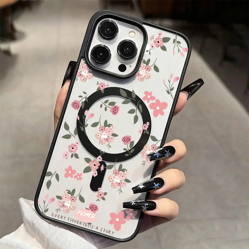 A Floral Ultra-Clear Magnetic Circular Case For iPhone 17 16 Pro Max 15 14 Plus 13 12 11 Air For Magsafe Wireless Charging Cover