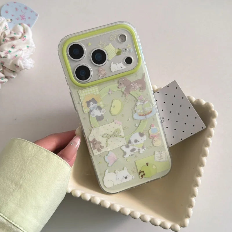 Korean Cute Puppy Magnetic Stand Phone Case For iPhone 17 Pro 14 15 16 Pro Max Cover with Magsafe Support Holder Kawaii Cases 17
