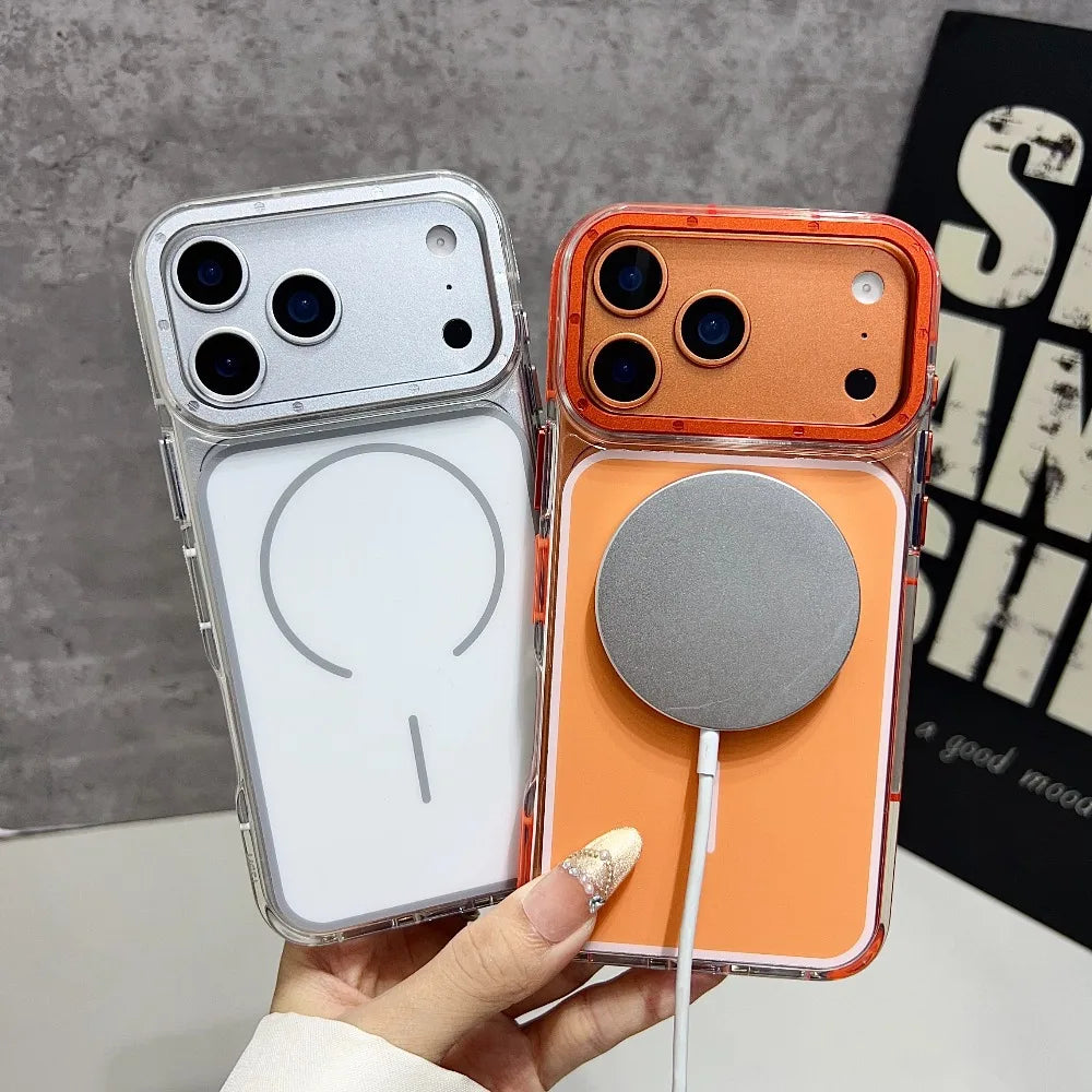 Luxury Two Tone Border Transparent Strong Magnetic Case for IPhone 17 Pro Max Air 16 Plus 15 14 13 12 Pro Max For Magsafe Cover