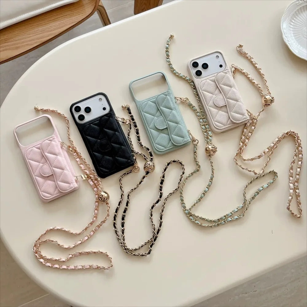 Adjustable Lanyard Shoulder Strap Luxury Leather Crossbody Case Card Holder Wallet for IPhone 13 14 15 16 17 Pro Max(No Logo)