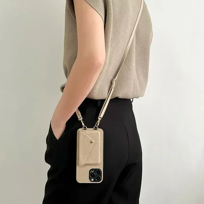 Lanyard Crossbody Strap Leather Phone Case for iPhone 17 Air 16 15 Plus 14 13 12 11 Pro Max  Wallet with Card Holder Cover