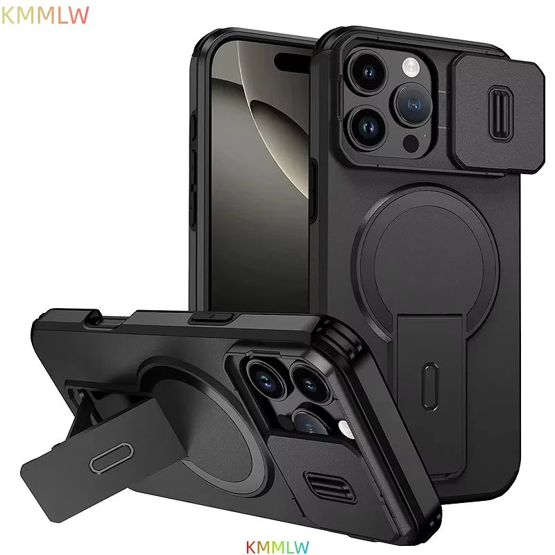 Lens Protect Camera Phone Case for iPhone 13 14 15 16 Pro Max 15Plus 16Plus 14Plus 16e 16 15 14 Pro 17 Magnetic Kickstand Cover