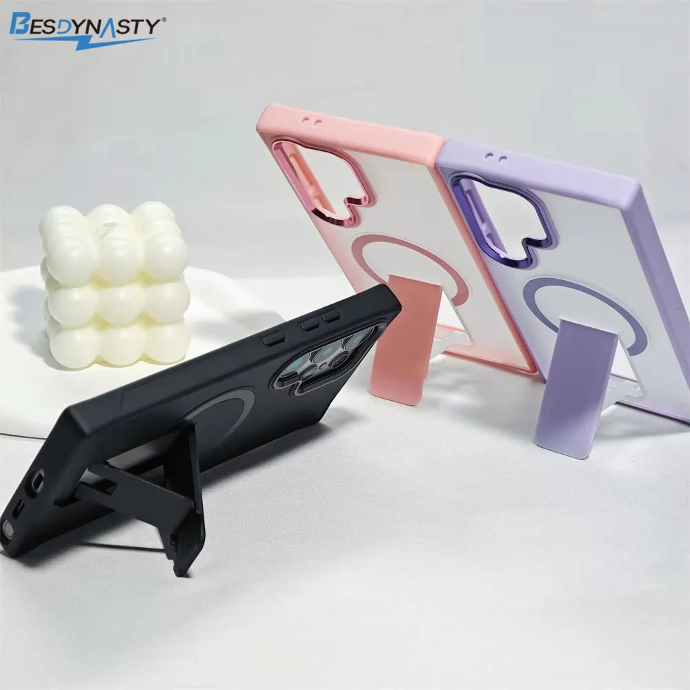 Luxury Folding Stand Magnetic Phone Case For Samsung S26 S25 S24 S23 Ultra Plus S25edge S25FE S24FE Matte Translucent Back Cover