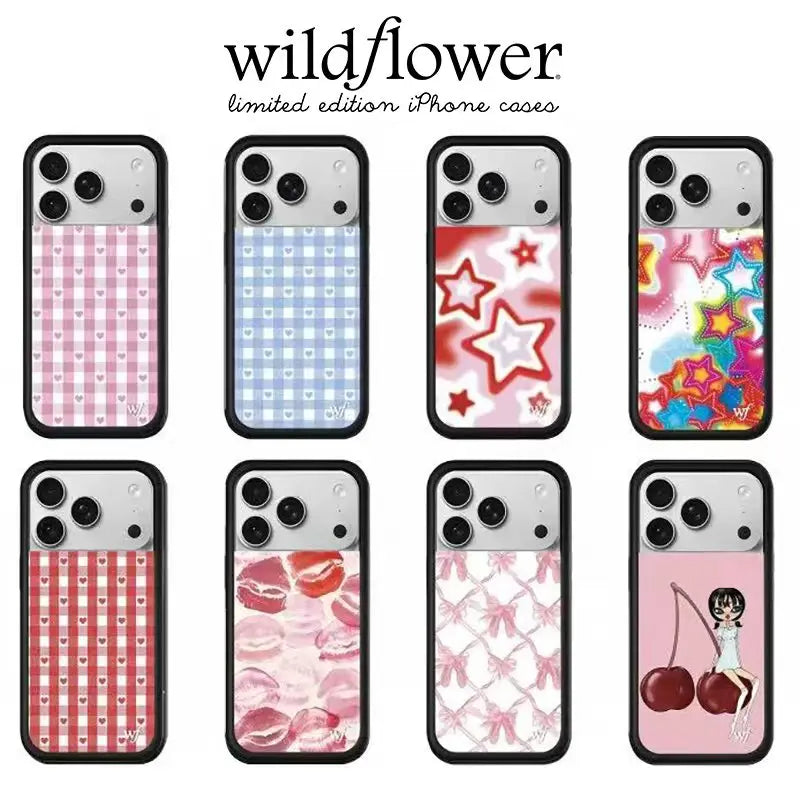 INS Cute Blue Pink Love grid Wildflower Case For iPhone 17 13 14 15 16 12 Pro Max Plus wf lips Bow Ballet Dance Shoes Cover﻿﻿﻿﻿