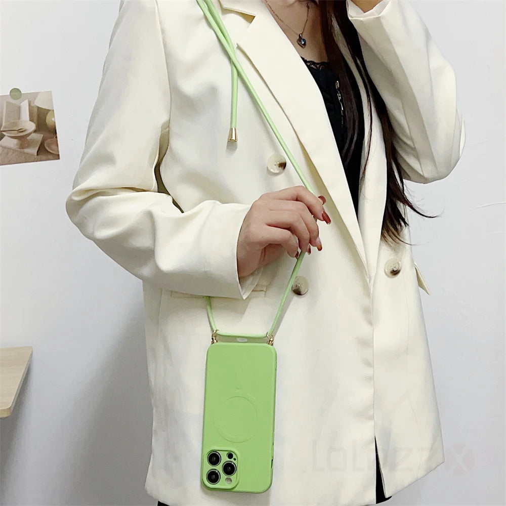 Lanyard Strap Soft Phone Case For iPhone 17 16 15 11 12 13 14 Pro Max 8 7 Plus XS X For Magsafe Magnetic Wireless Charging Cover