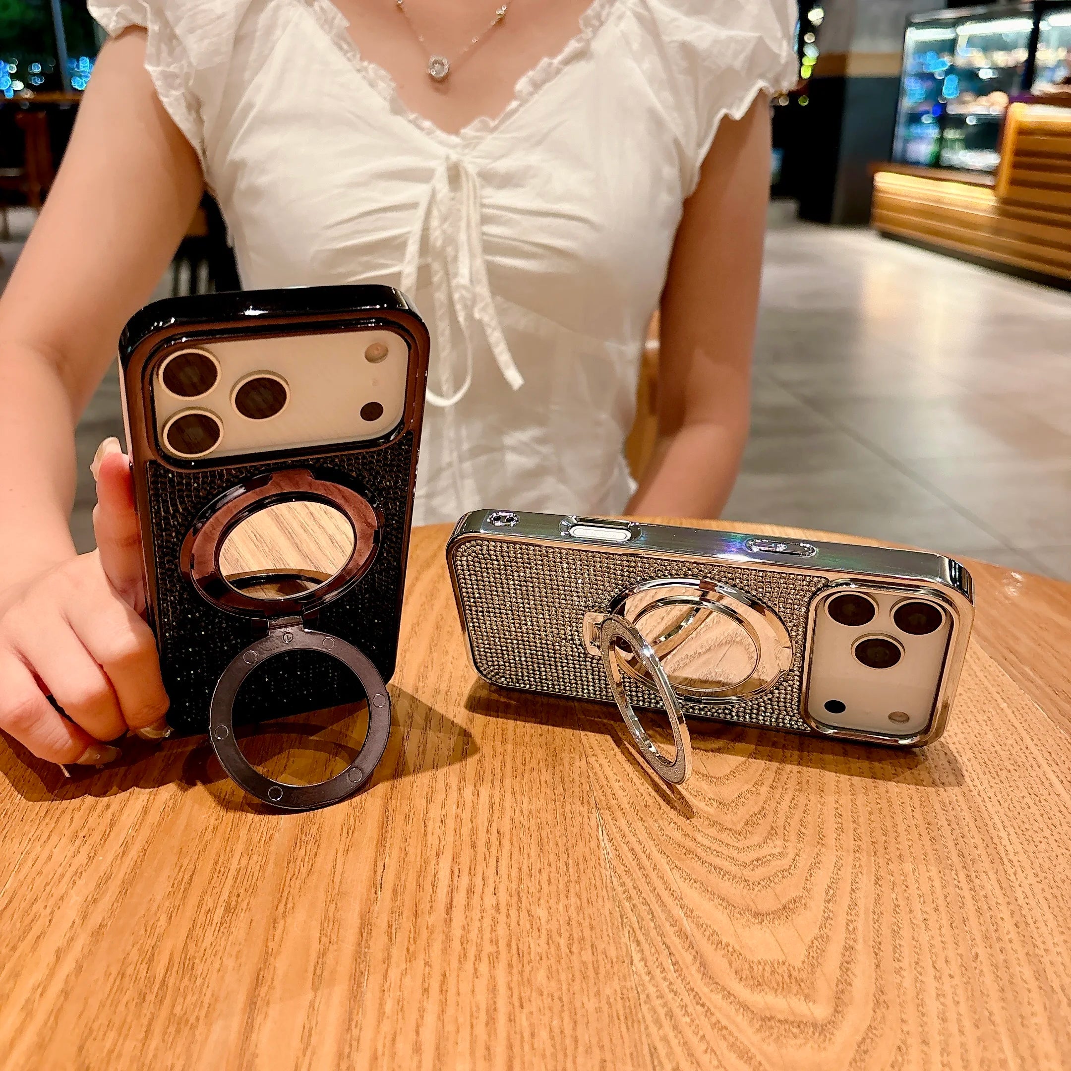 Plating Glitter Make UP Mirror Bracket Cover For iPhone 17 Air 16 15 14 Plus 11 12 13 17 Pro Max For Magsafe Diamond Phone Case