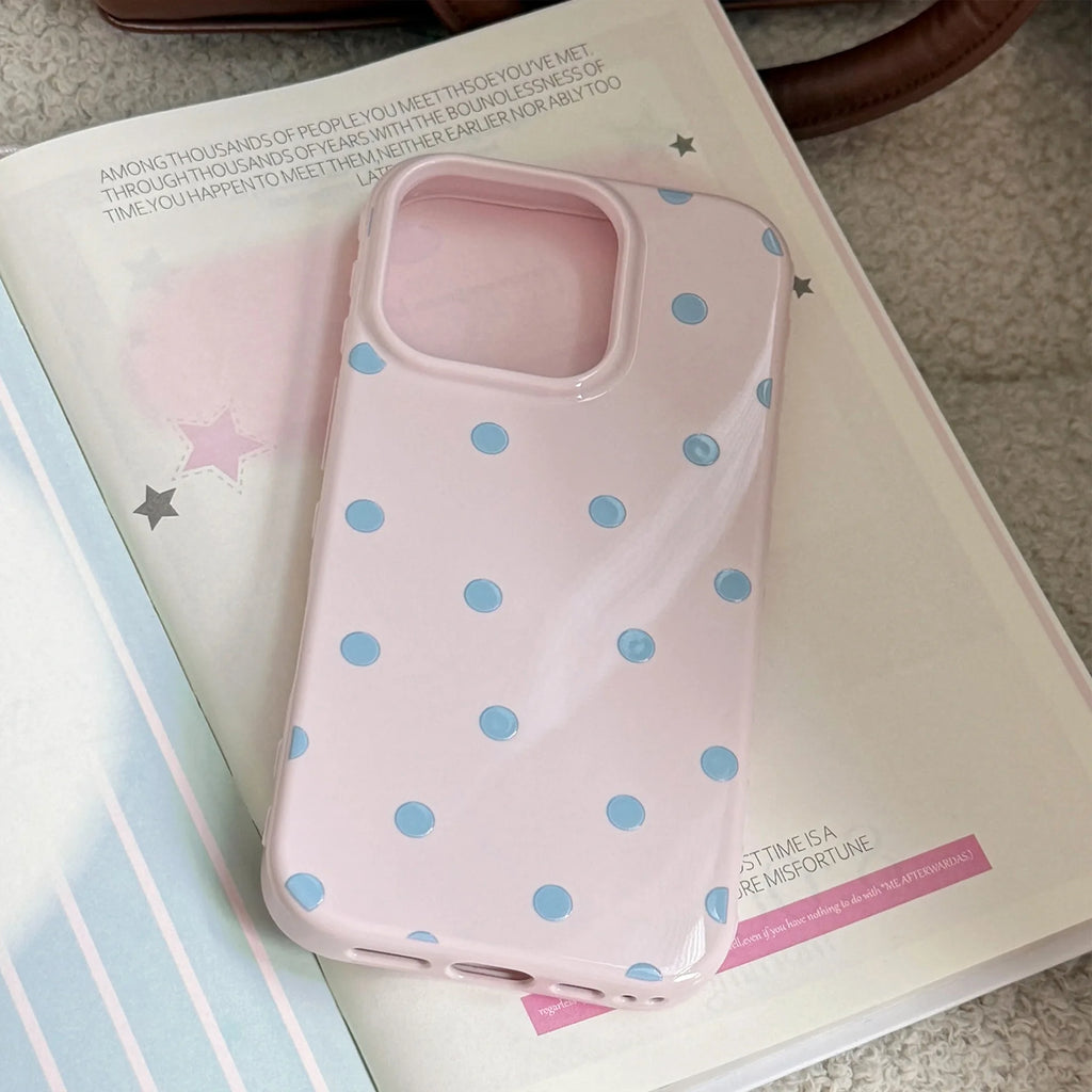 Korean Simple Full Screen Pink Blue Polka Dots Soft Phone Case For iPhone 16 15 14 13 12 17 Pro Max Shockproof Protective Cover