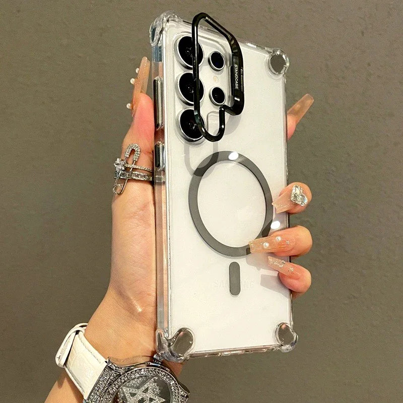 Luxury Transparent Case For Samsung Galaxy S24Ultra  A56 A36  A16 A17 S25 S24 S23 Ultra Plus Magsafe Wireless Charge Stand Cover