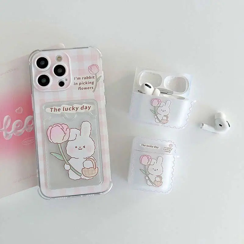 Cartoon Cute Rabbit Bear Card Holder Slot Bag Clear Phone Case For IPhone 17 Air 16 15 14 12 11 Pro Max 13 Mini Plus Soft Cover