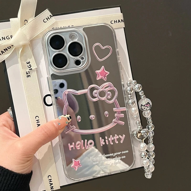 Cute Cartoon Sanrio Y2K Hello Kitty Silver Plating Phone Case For iPhone 16 15 14 13 12 11 Pro Max Cases Mirror Surface  Cover