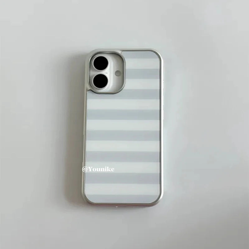 Korean Ins Gray and White Stripes Electroplated Drip Glue Phone Case For iPhone 17 Air 16 Pro Max 15 14 Plus 13 12 11 Back Cover