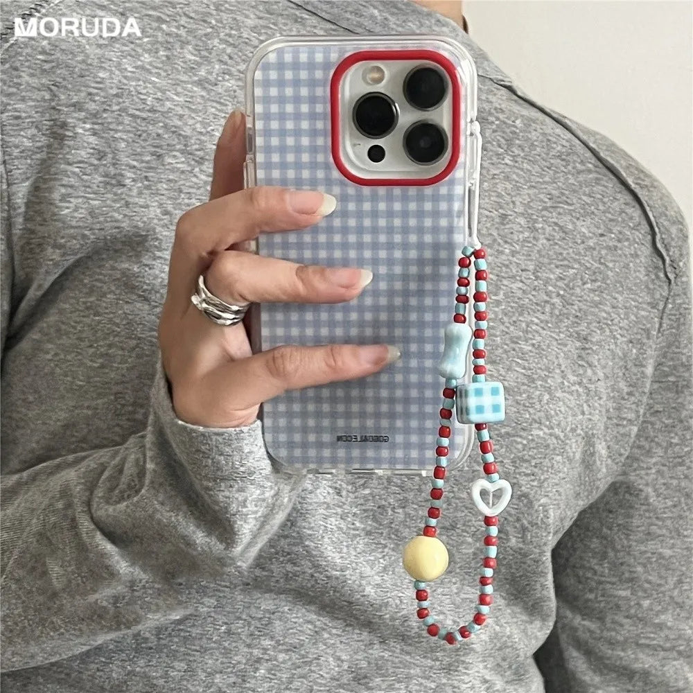 Fashion Checkered Grid Beads Bracelet Case for iPhone 17 16 Pro Max 15 14 Plus Wrist Chain Color Collision Shockproof Cover