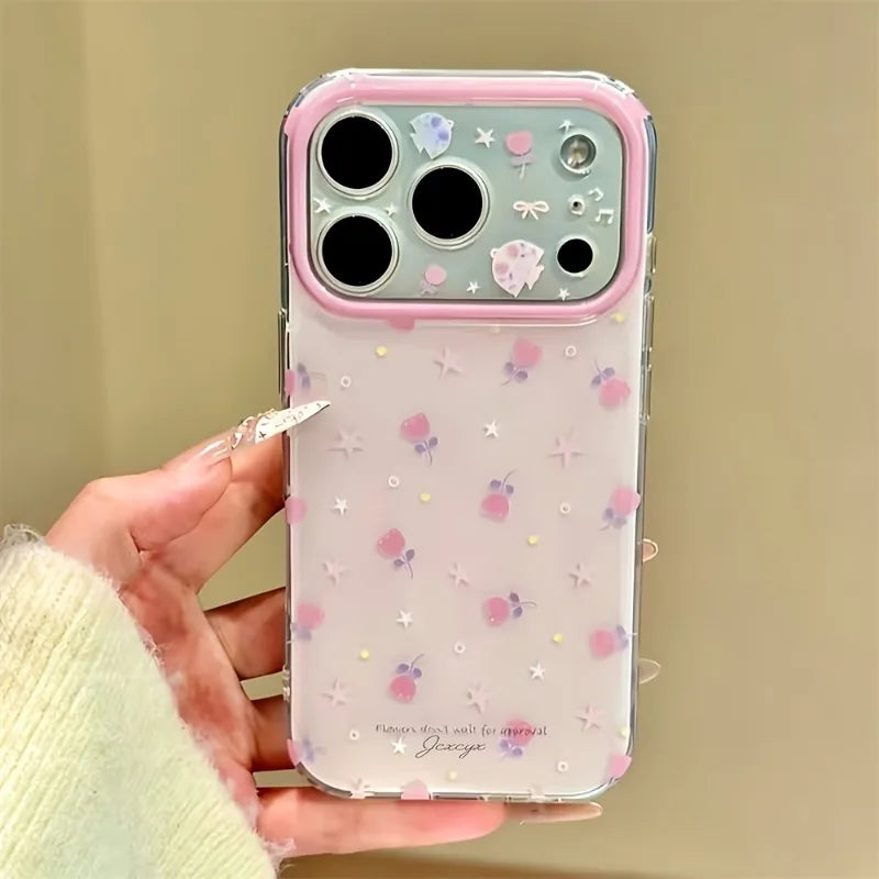 Cute Pink Rose Flowers Stars Pattern Phone Case For iPhone 17 16 Pro 15 14 13 12 11 Pro Max Shockproof Protection Back Cover