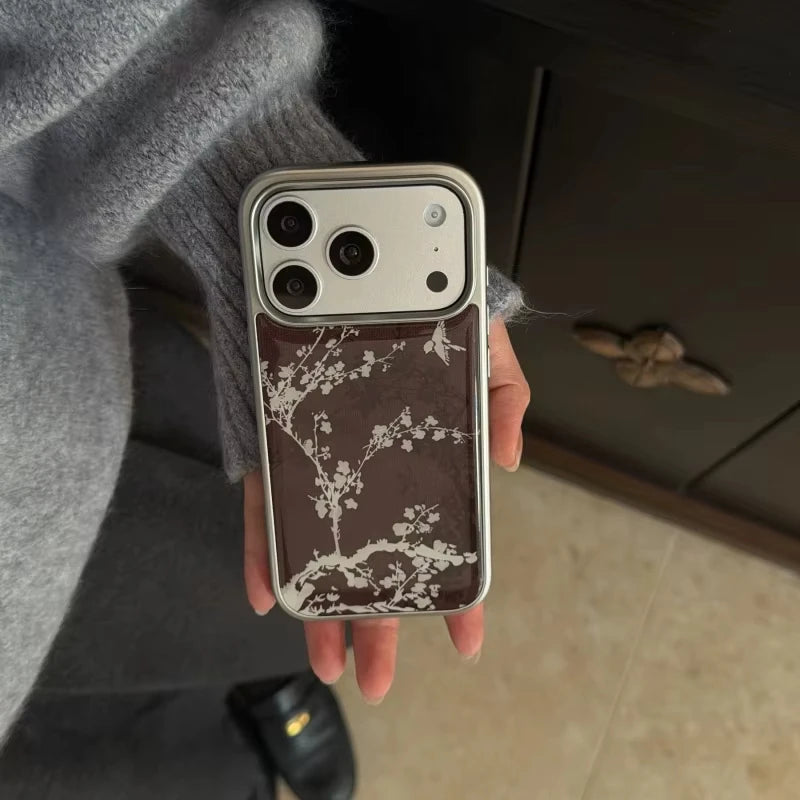 White Flowers Birds Pattern Electroplated Drip Glue Phone Case For iPhone 17 Air 16 ProMax 15 14 Plus 13 12 Pro 11 Back Cover