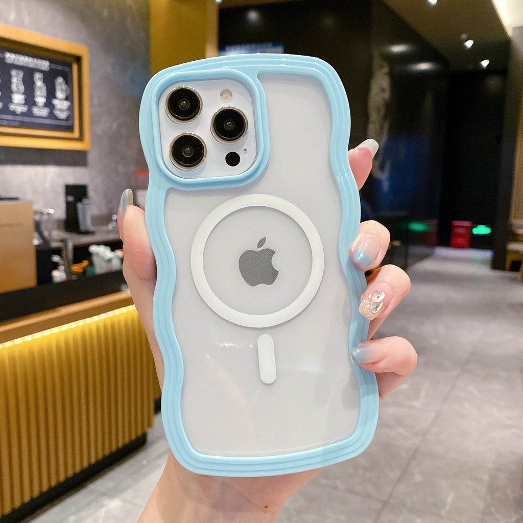 Cute Transparent Magnetic Phone Case For iPhone 16 15 14 13 12 11 Pro Max 15 16 Plus For Magsafe Charge Wave Frame Protect Cover