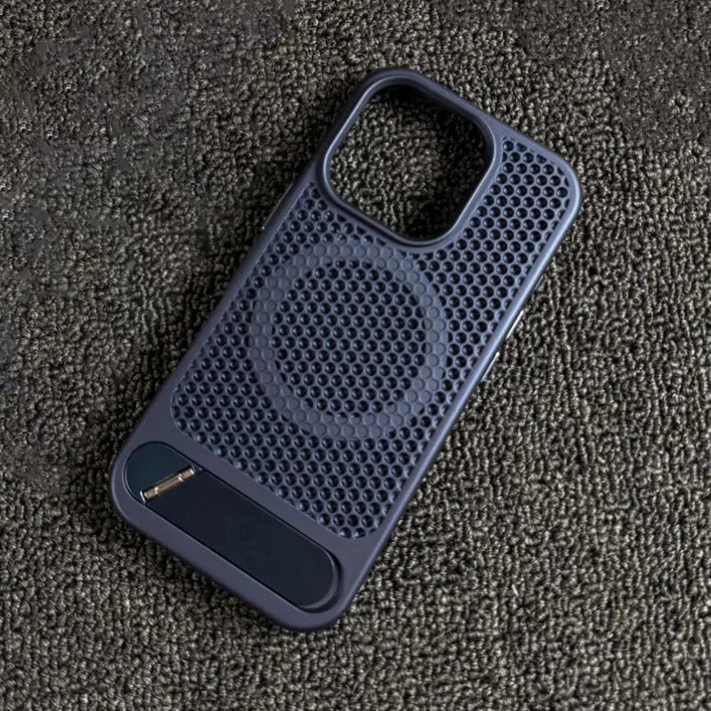 Heat Dissipation Mesh Phone Case for Magsafe Magnetic Wireless Charge Cover for iPhone 16 17pro Max 15 13 Pro 14 12 Metal Stand