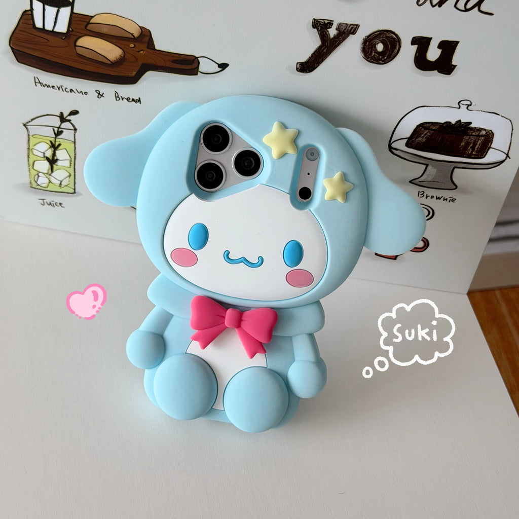 Cute 3D Cartoon Cinnamoroll Silicone Phone Case For iPhone 17E 17 16 15 14 13 Pro Max Plus INS Shockproof Leg Holder Back Cover