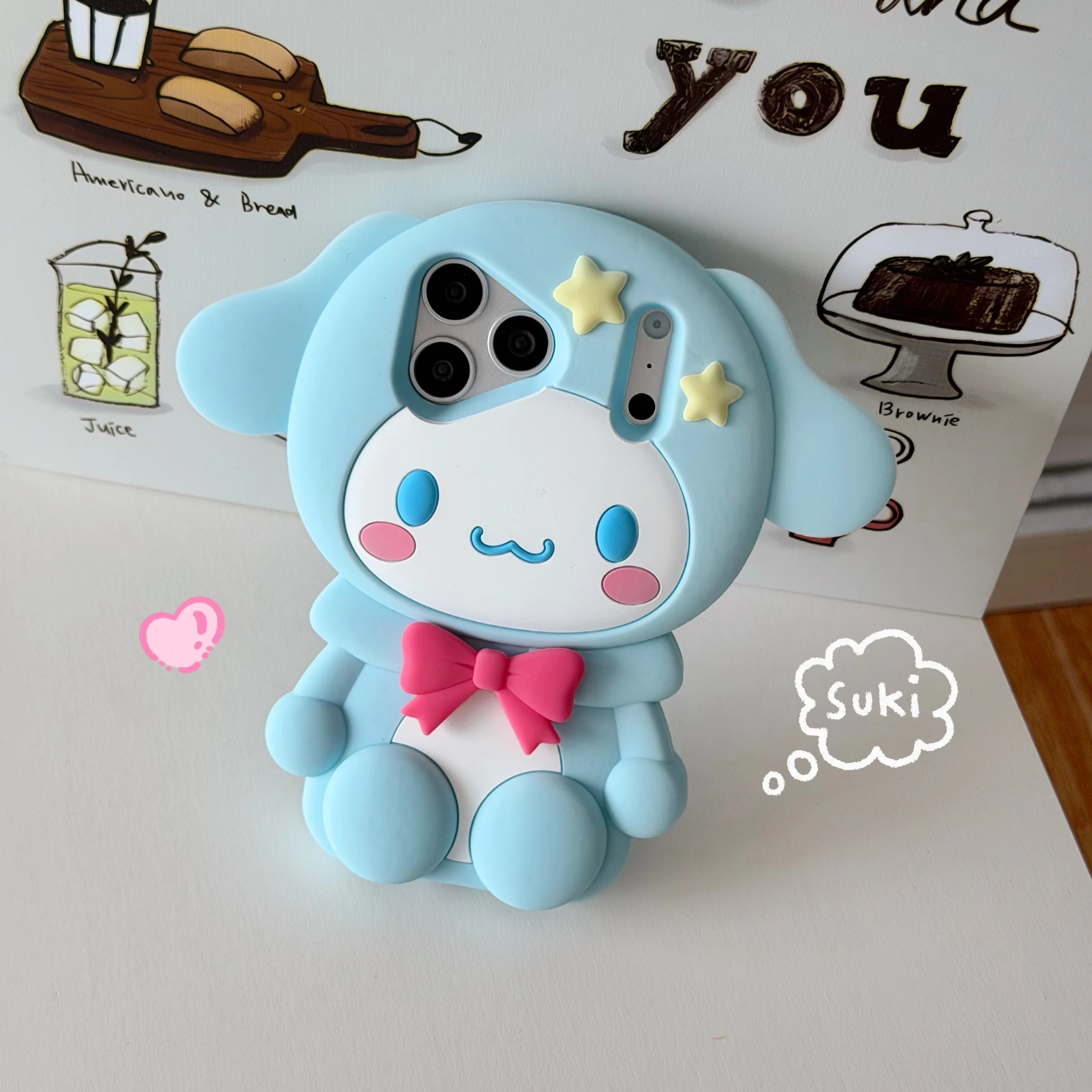 Cute 3D Cartoon Cinnamoroll Silicone Phone Case For iPhone 17E 17 16 15 14 13 Pro Max Plus INS Shockproof Leg Holder Back Cover