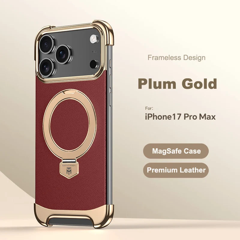 Luxury Leather Ultra Thin Frameless Magnetic Case For iPhone 17 16 15 14 13 Pro Max 17Air 17Pro Metal Bracket Anti-Drop Bumper