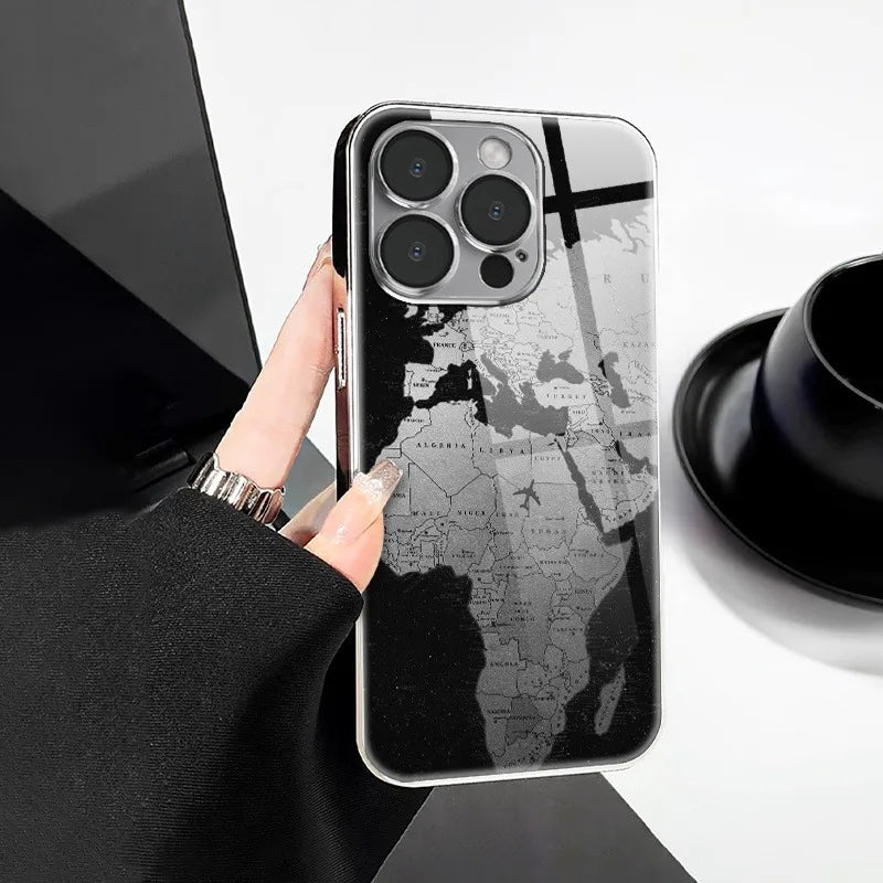 Minimalist Creative World Map Design Glass Electroplated Phone Case For iPhone 11 12 13 14 15 16 17 Pro Max Plus 16E 17Air Cover