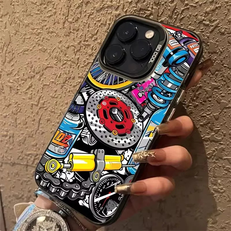 Mechanical Gear Pattern Electroplate Silver IMD Phone Case For iPhone 11 12 13 14 15 16 Pro Max 16E 7 8 Plus X XS XR SE2 Cover