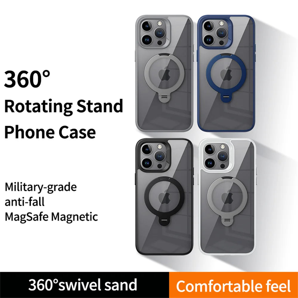 Rotating Folding Stand Clear Magnetic Phone Case For iPhone 12 13 14 15 16 17 Pro Max Swivel Holder TPU Bumper Acrylic Cover