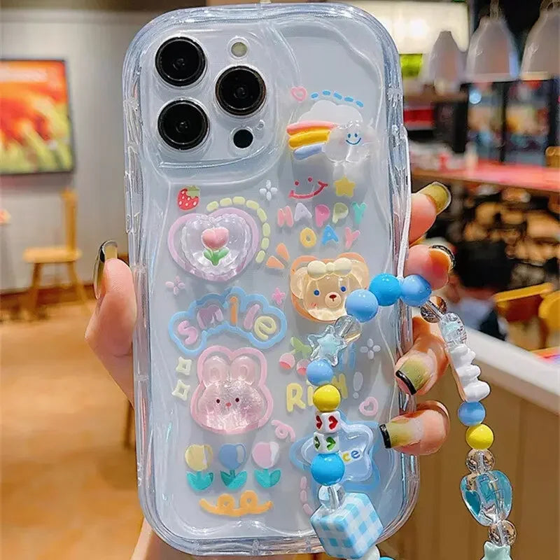 Cute 3D Bear Heart Bracelet Chain Case for Samsung Galaxy S25 S24 S22 S23 Plus Ultra 5G S21 S20 S24 FE INS Korean Style Cover