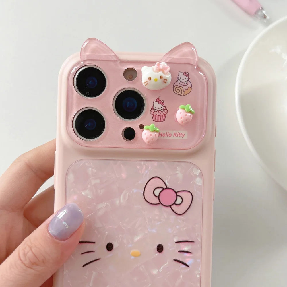 Sanrio HelloKitty Lines Expression Phone Case For iPhone 17 16 15 Pro Max Cartoon 3D Strawberry KT Cat Ear Lens Protection Cover