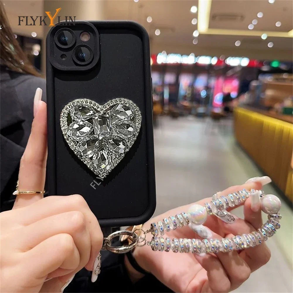 FLYKYLIN Love Diamonds Phone Case For Samsung S25 S24 S23 S22 Ultra S21 Plus S20 FE Note 20 Soft Silicone With Bracelet
