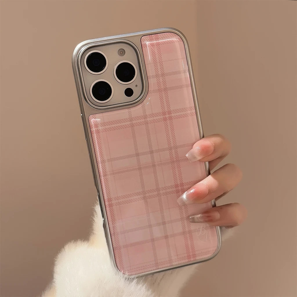 Sweet Pink Grid Pattern Drop Glue Cover Case for iPhone 16 15 14 13 12 11 Pro Max Plus Shockproof Protective Phone Case