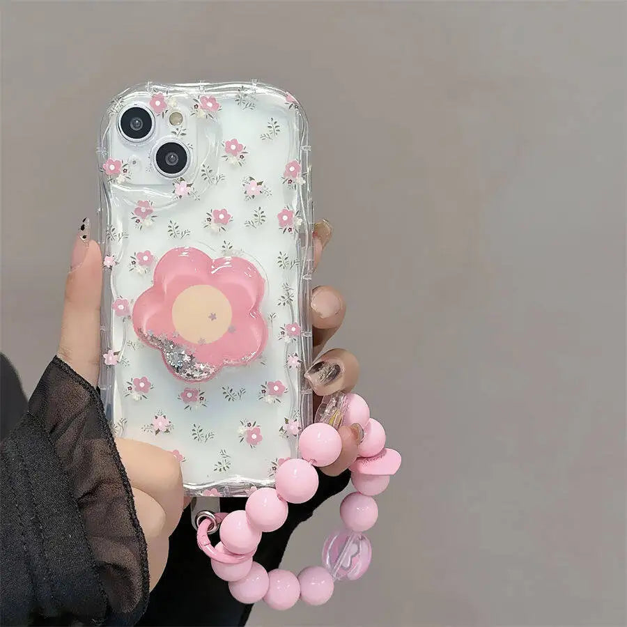 Flower Bow Chain Holder Phone Case For Samsung Galaxy S25 Ultra S24 S23 S22 S21 Ultra Plus S24 FE A55 A06 A35 A12 Casing Floral