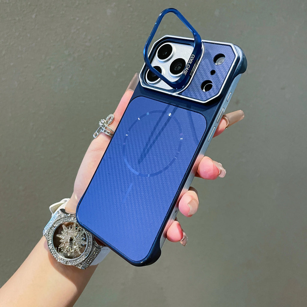No Borders Lens Holder Phone Case For Magsafe For iPhone 13 14 15 16 17 Pro Max Carbon Fiber Texture PC Magnetic Phone Cover