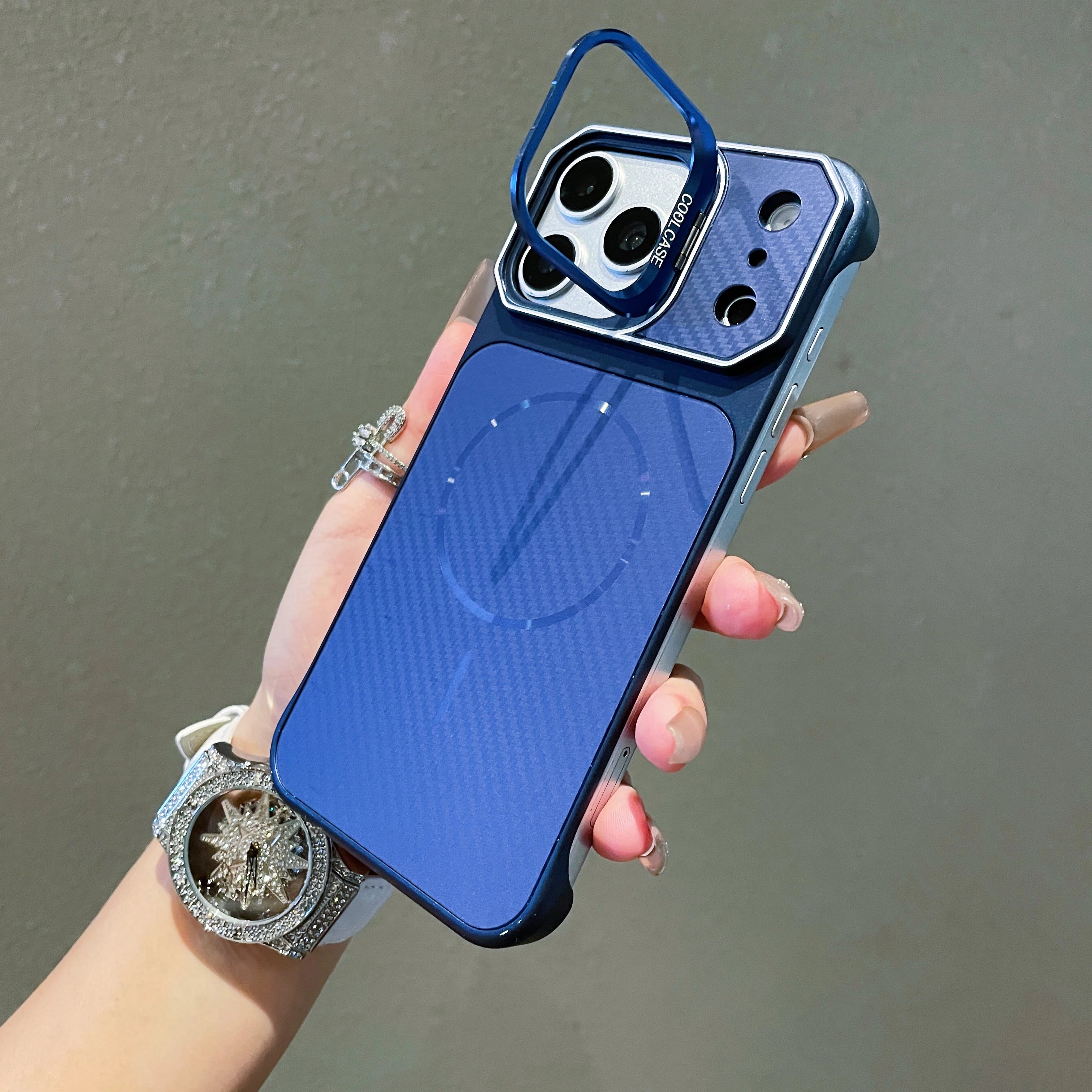 No Borders Lens Holder Phone Case For Magsafe For iPhone 13 14 15 16 17 Pro Max Carbon Fiber Texture PC Magnetic Phone Cover
