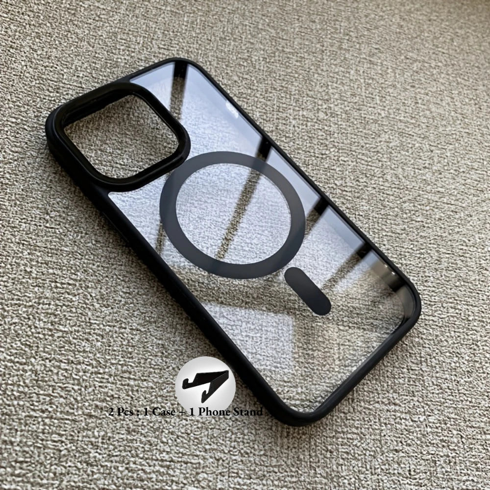 1 Case + 1 Phone Stand Luxury Clear Magnetic Wireless Charging Phone Case for iPhone 17 16 15 14 13 12 11 Pro Max Plus