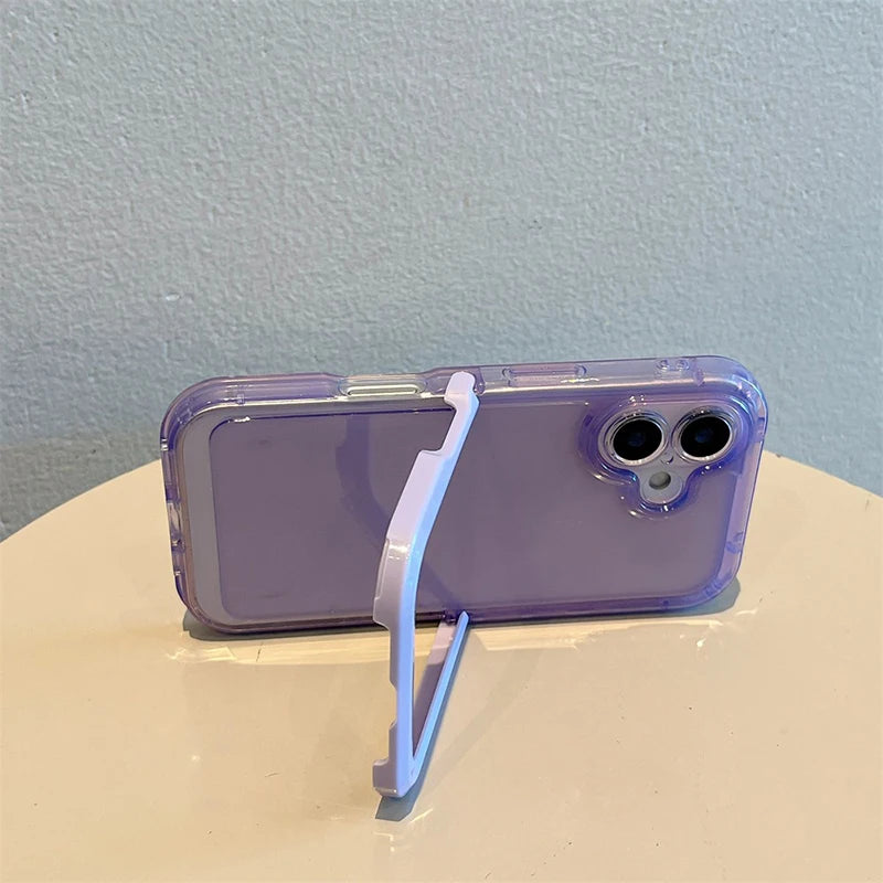 Simple Candy Color Foldable Holder Stand Case For iPhone 16 Pro Max 17 15 14 13 12 11 Clear Shockproof TPU Back Cover
